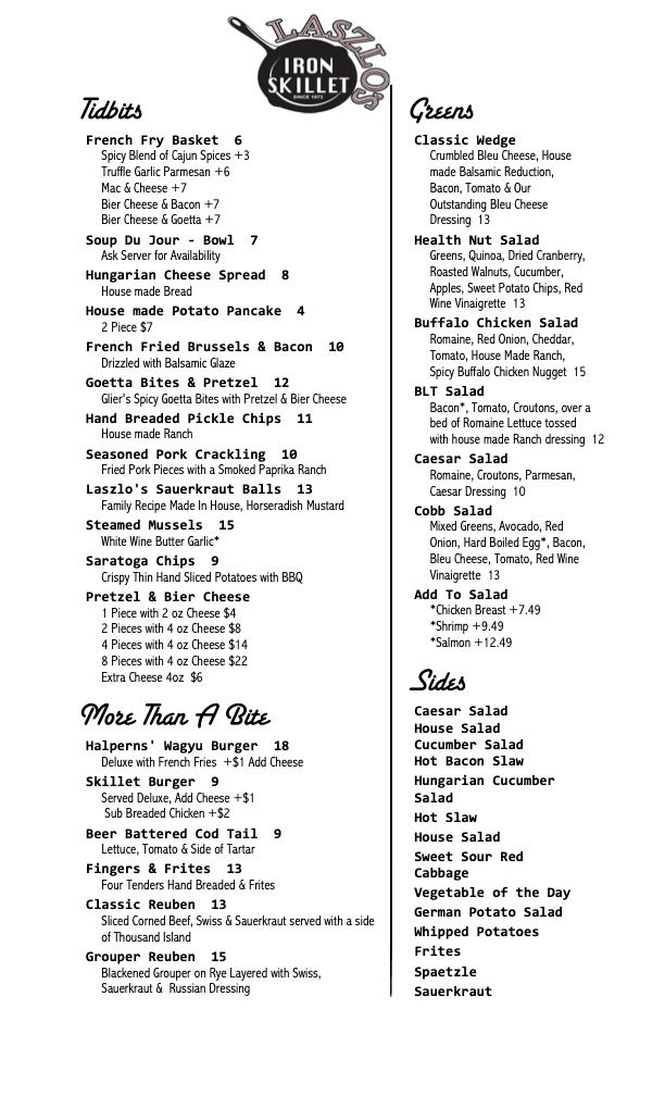 Laszlo's Iron Skillet Menu